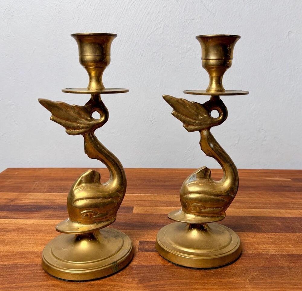 Vintage Brass Fish Candlestick Holders Pair Made in India Sculptural Candlestick